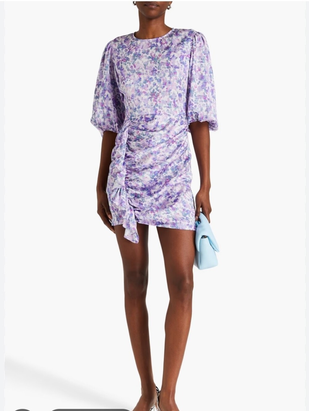 Maje Purple Floral Print Satin Draped Mini Dress .
